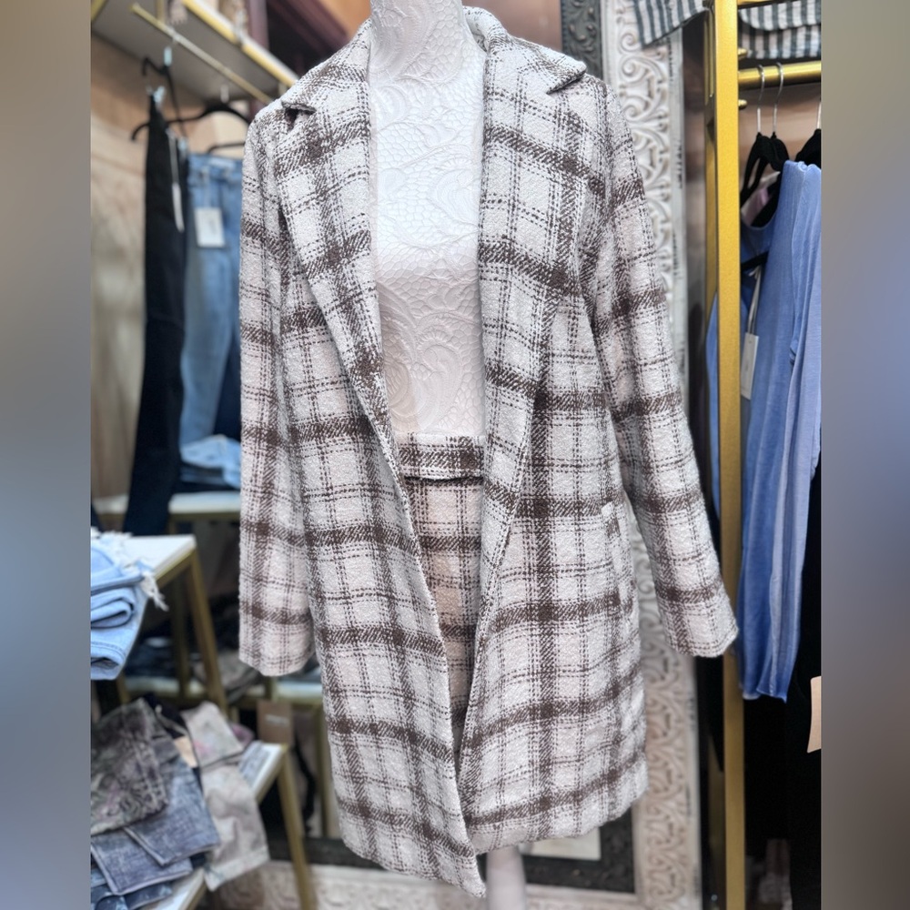 Plaid Boucle Long Coat - Ivory Mocha